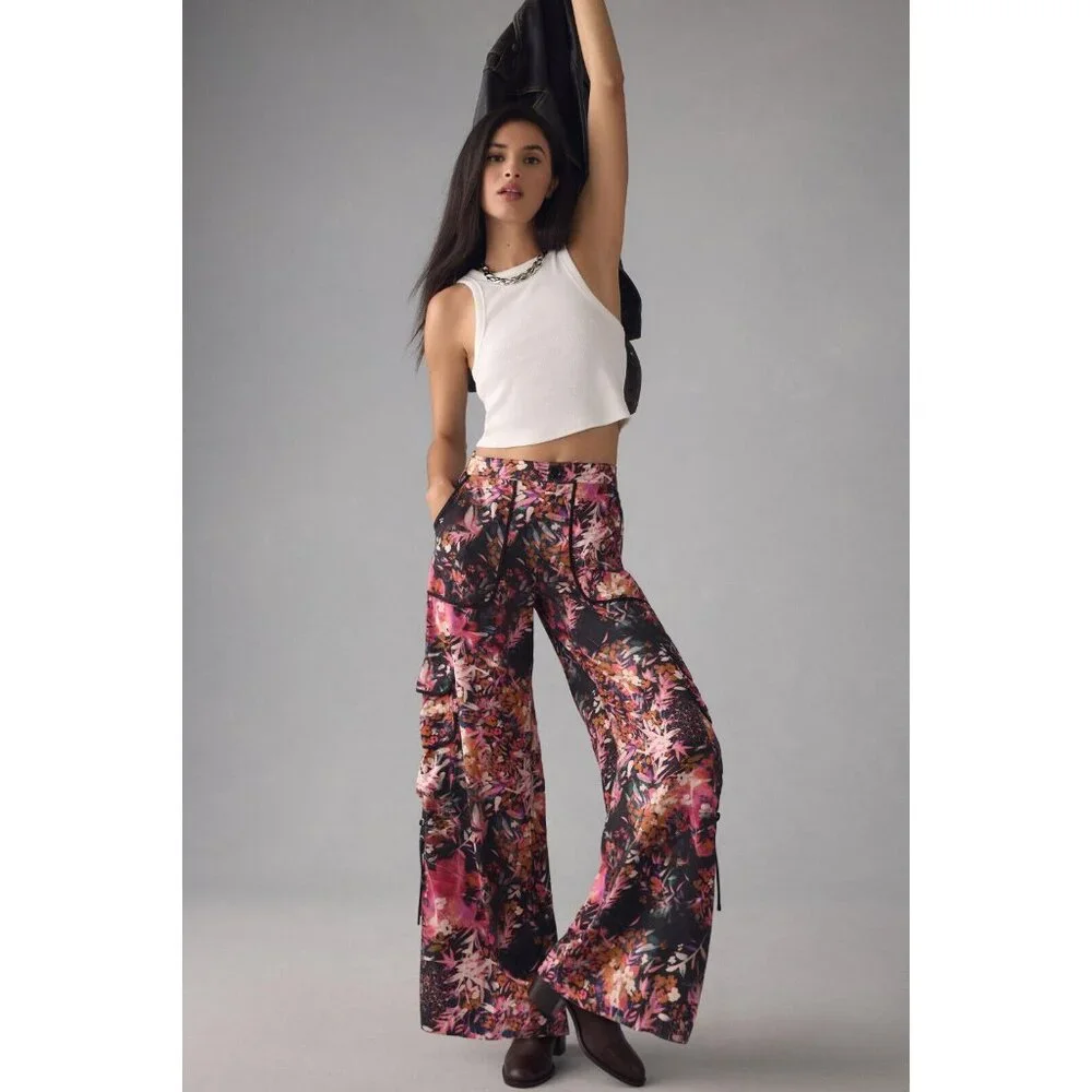 NWT Anthropologie Palazzo Utility Pants 8 $140 Pink Black Floral